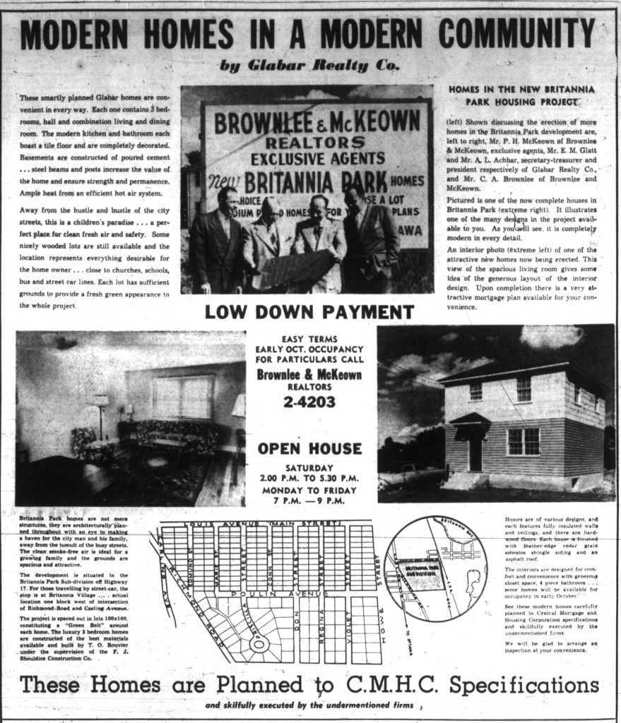 Glabar had, up to then, focused primarily on suburban development. This ad is from their second subdivision at Britannia Park. Source: Ottawa Journal, September 29, 1951.