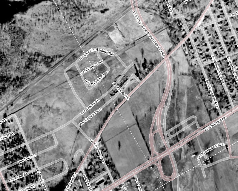 1958 Aerial of the area. You can see the foundations being dug for the rental row homes along Regina. Source: geoOttawa.