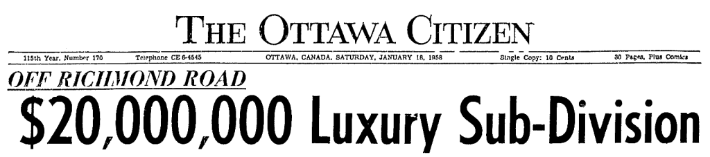 In January of 1958, the Citizen ran with Thomas Assaly's plan for the Magee Farm (dubbed Lincoln Heights). Source: Ottawa Citizen, January 18, 1958, Page 1.