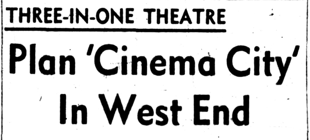 A exciting announcement. The first mall in Canada to get a theatre was Yorkdale in Toronto, which had just opened that February. The "Tri-Aud" of "Cinema City" would have been 50% larger. Source: Ottawa Journal, May 5, 1964.