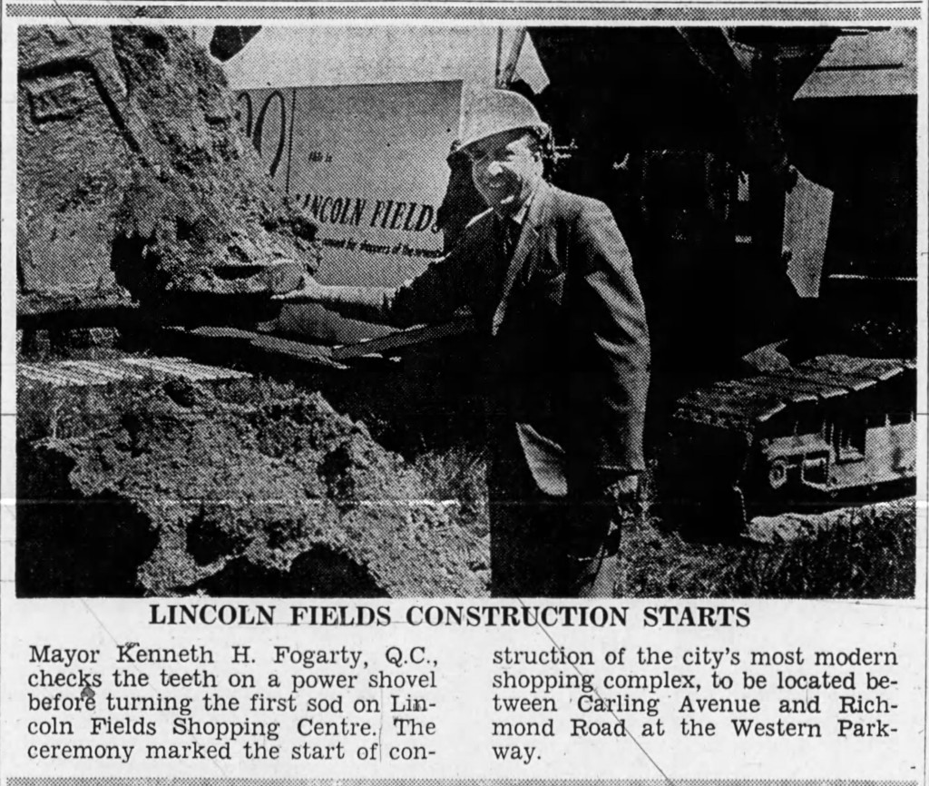The ceremonial hardhat and bulldozer finally made their appearance on the 16-acre lot on June 9, 1971. Source: Ottawa Journal, June 10, 1971.