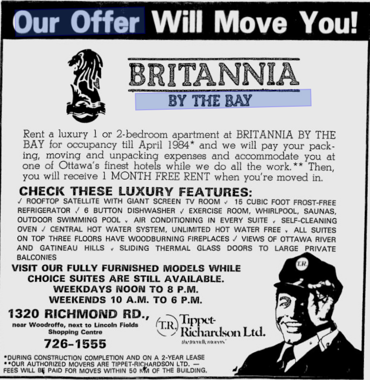 One free month remains par for the course in many rentals today. I've yet to see an offer for a hotel room or movers, however. Source: Ottawa Citizen, February 7, 1984.