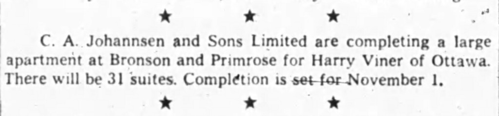 Like most smaller buildings at this time, there was little in the way of breathless reporting or fanfare. Source: Ottawa Journal, September 19, 1961, p. 27.