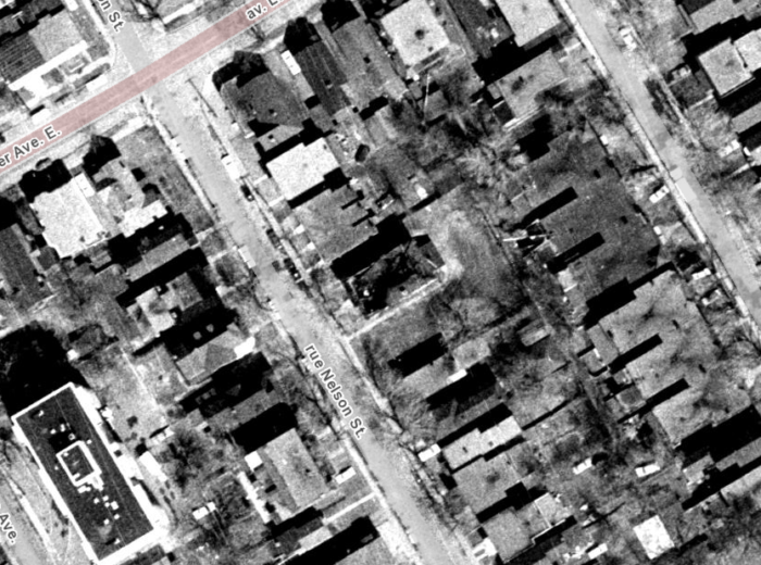 The burnt-out shell of the former St. Paul's Lutheran School was visible in the 1965 aerial photos, taken April 22, just one week after the fire. Image: geoOttawa.