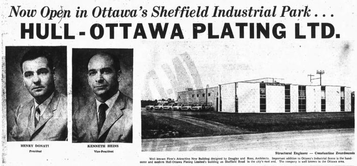 Zourdoumis was the structural engineer on the Douglas and Ross-designed Hull-Ottawa Plating facility on Sheffield Road. Source: Ottawa Journal, December 16, 1968, p. 11.